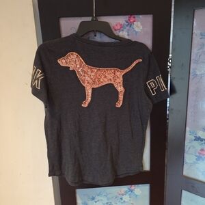 PINK Logo Victoria's Secret Gray Tee with Copper Sequin Dog Size Medium Gray